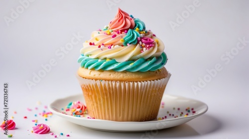  cupcake with white background and candy sprinkles colorful decorations., birthday cupcake decorated with color icing