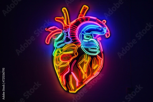 Human heart with neon effect. Heart diseases. Electrocardiogram. Heart arrhythmia.