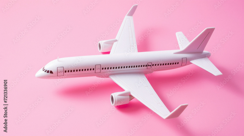 Airplane model on a pink background. Travel and vacation concept .
