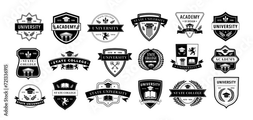 Education badge. Monochrome labels for university, academy and college branding. Academic insignia vector emblems set