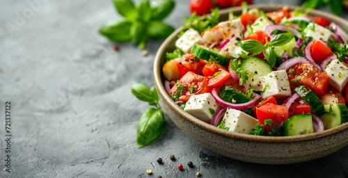 a bowl of healthy mixed greek salad with free copy space for text, top view photo
