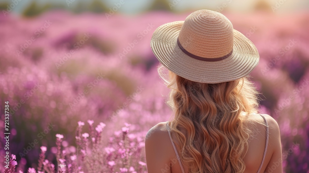 Stylish Woman in Sunhat on Lavender Background Generative AI
