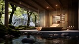 A Japanese onsen-style sauna, utilizing natural hot springs, creating a zen-like ambiance for a traditional and rejuvenating bathing experience.