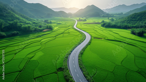 Highway in a rice green wheat field.