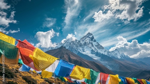 depicts a cluster of colorful prayer flags displayed against a backdrop of mountains.