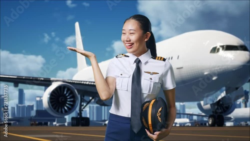 Asian Woman Pilot Smiling And Pointing To Side While Standing In Airfield With Airplane On Background
 photo