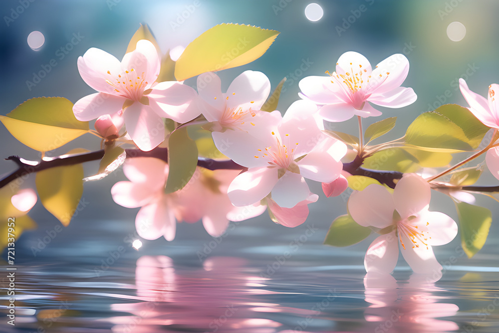 Gently pink spring flowers on a tree branch above the water and with a beautiful reflection in the water