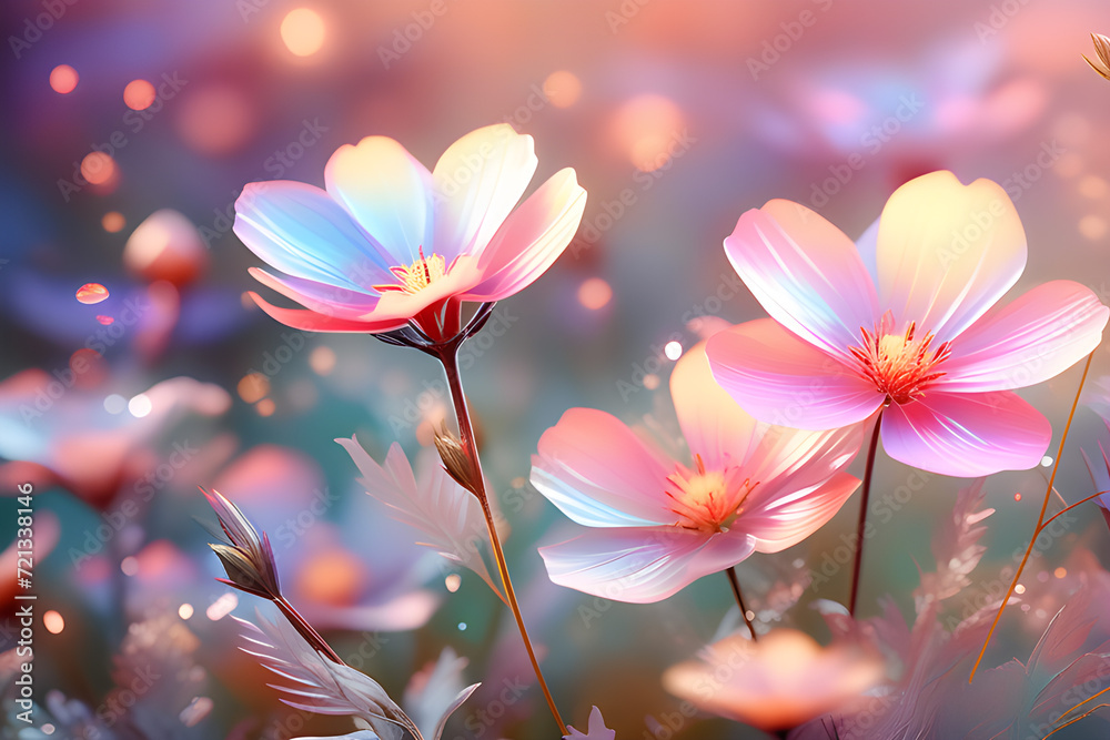 Small pink flowers on a soft baby blue and pink background outdoors. Floral background.