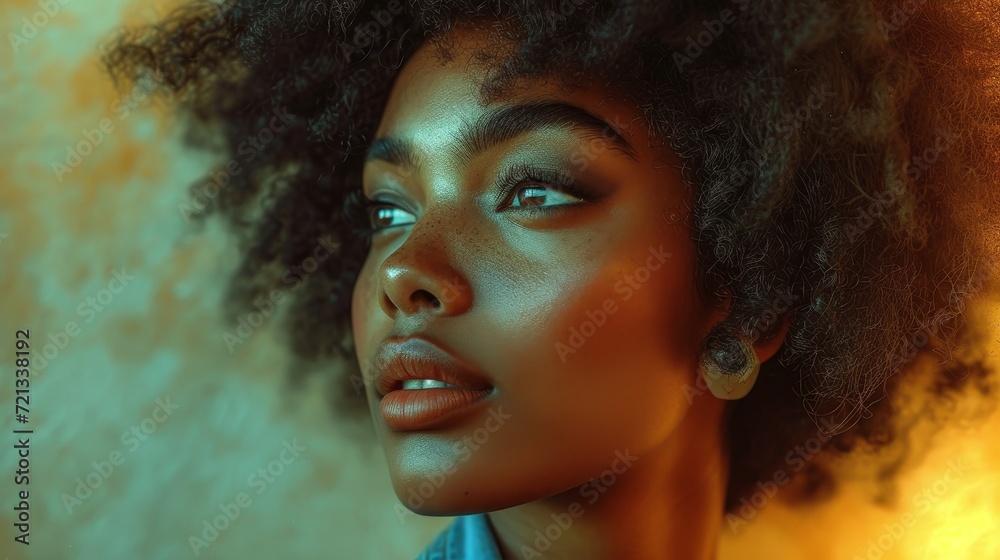 Digital Art of Woman with Afro and Denim Shirt on Light Tan Background Generative AI