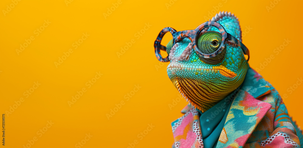 Stylish chameleon in colorful outfit and glasses on a vibrant yellow background, perfect for quirky and fun themes