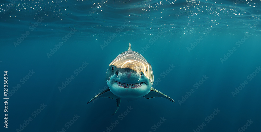 Great white shark swimming in deep blue ocean. 3D render.Great White ...