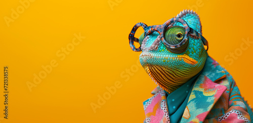 Stylish chameleon in colorful outfit and glasses on a vibrant yellow background, perfect for quirky and fun themes © T-elle