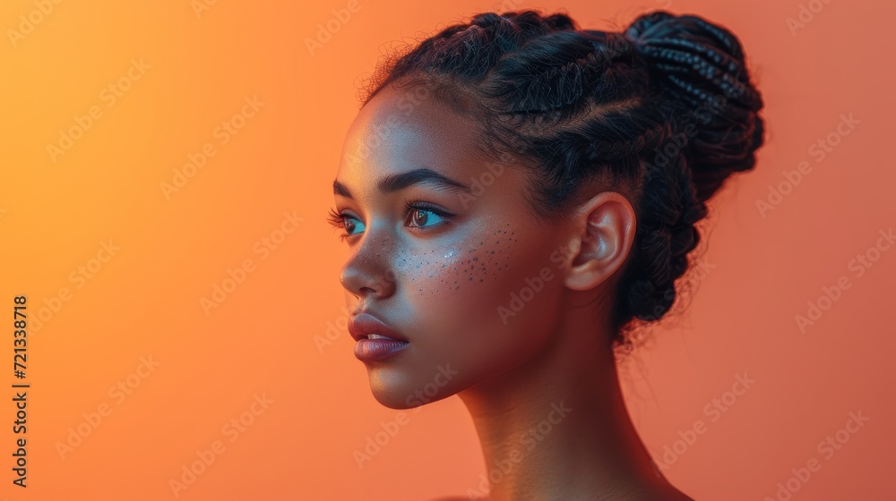 Woman in Sundress with Fishtail Braid on Peach Backdrop Generative AI