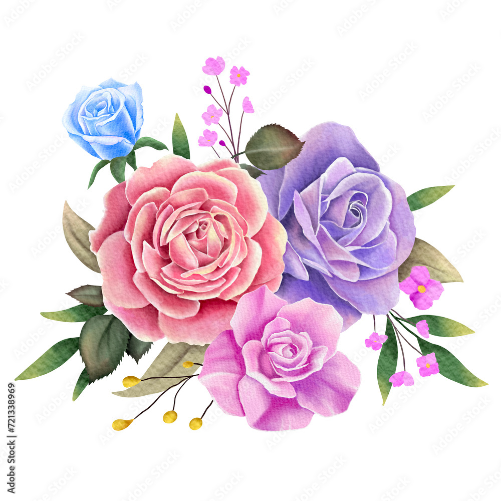 bouquet of pink roses and purple  rose