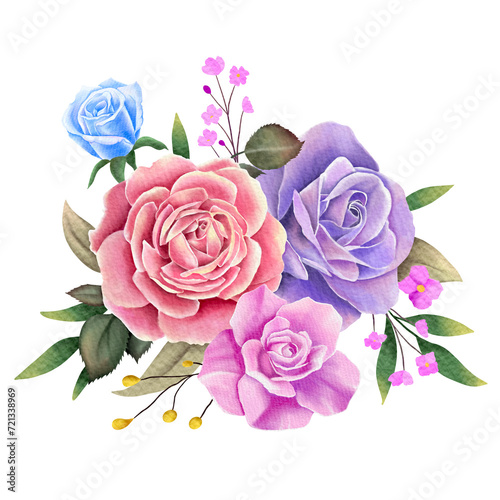 bouquet of pink roses and purple rose