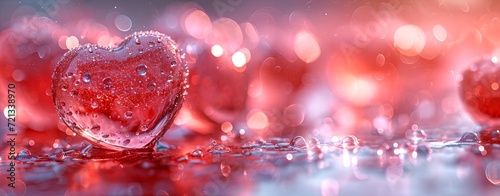 Red hearts on a pink background with water drops. Valentine's Day