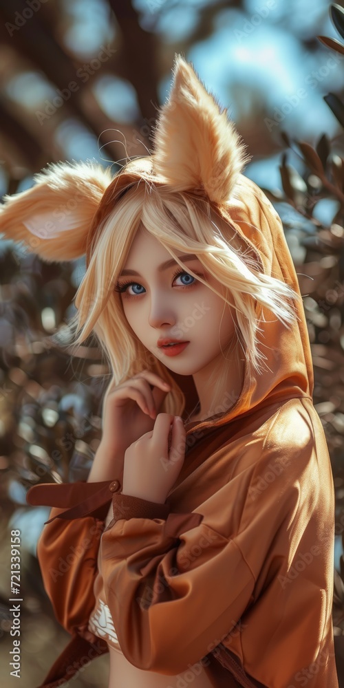 Woman in a Fox Cosplay standing against Nature Background - Girl Fox Costume Wallpaper created with Generative AI Technology