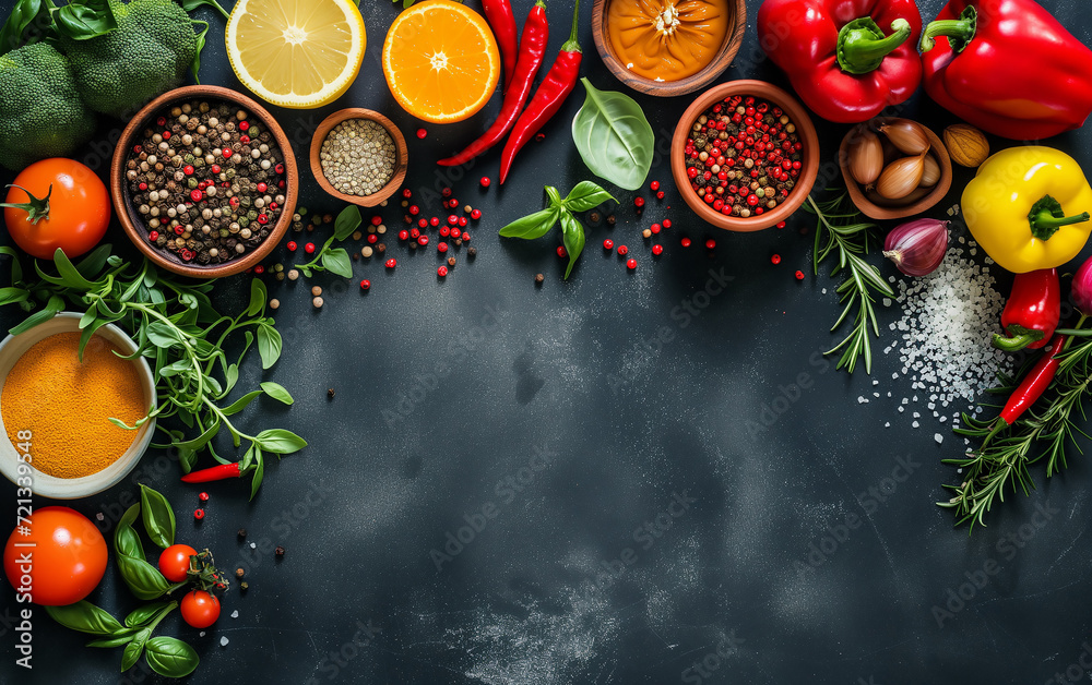 Top view of Seasonings, vegetables, fruits and herbs on dark background with copy space