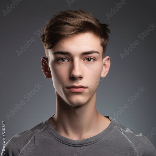 A trendy portrait of a young teen isolated on a grey background, depicting a concept of skin care, attire, and healthy lifestyle.