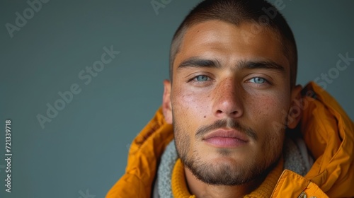 Man in Varsity Jacket and Crew Cut on Khaki Background Generative AI photo
