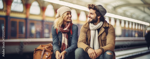 Happy young couple waiting on the train station, traveling to their vacation. Active lifestyle concept