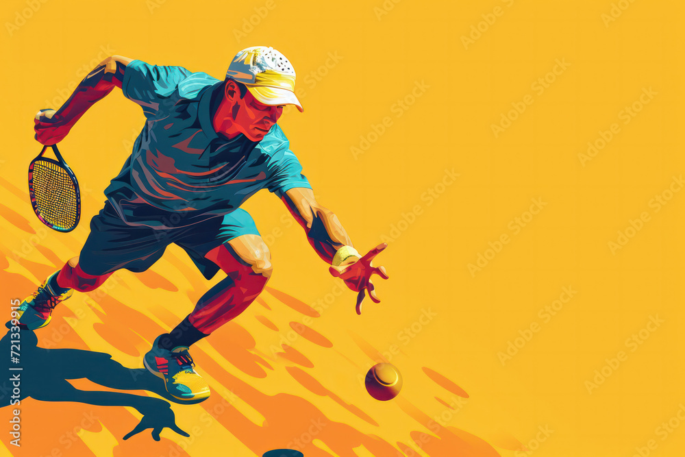 Illustration of a male pickelball player reaching for the ball on a yellow background