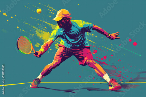Illustration of a male pickelball player reaching for the ball on a blue background