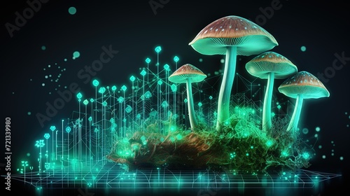 Abstract background with a growing digital mushroom. Machine learning and big data array visual concept. Generative AI