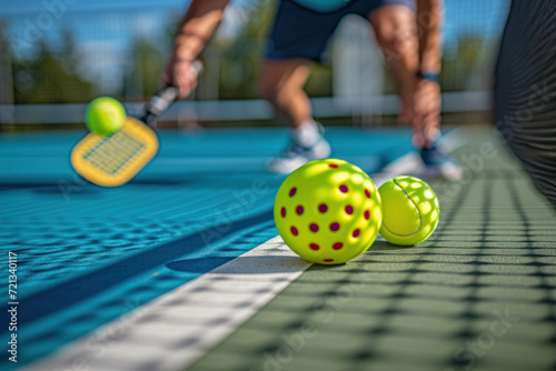 Two pickleball balls with a paddle close-up on a pickleball court, with space for text