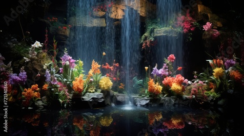 A beautiful scene with a waterfall and flowers. Neural network AI generated art © mehaniq41