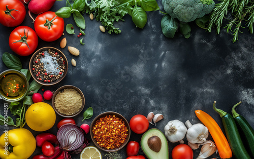 Top view of Seasonings, vegetables, fruits and herbs on dark background with copy space