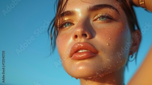 Young Woman with Pixie Cut and Intense Gaze on Sky Blue Background Generative AI