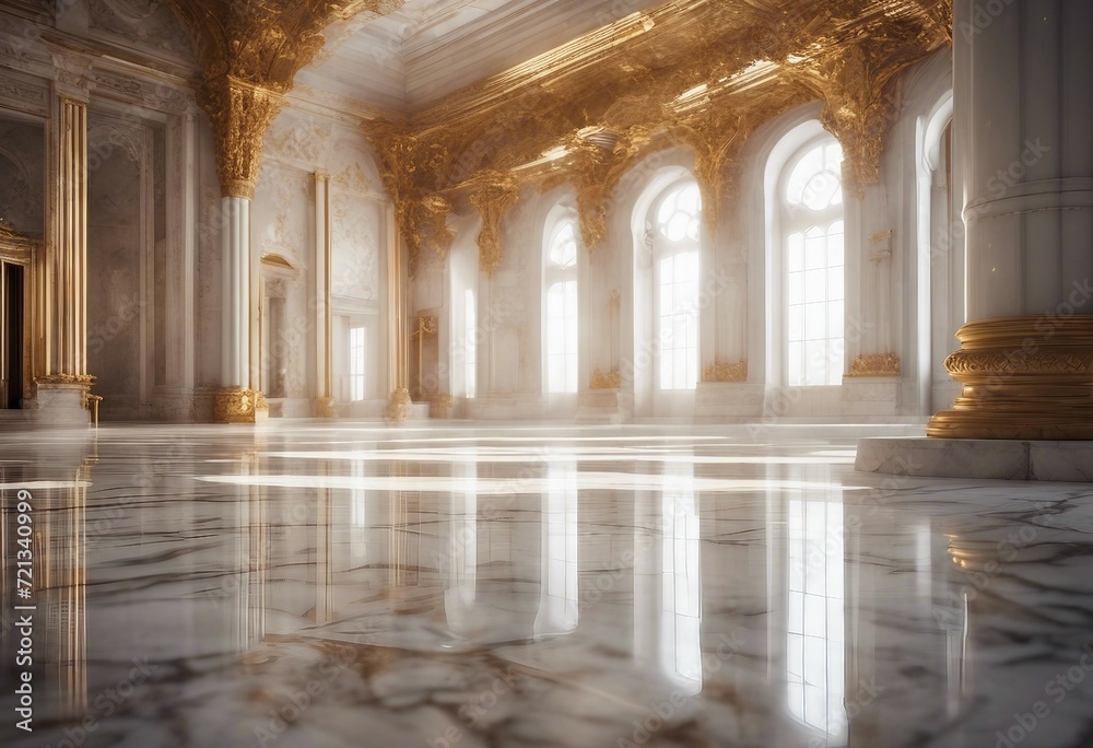 A realistic fantasy white gold marble interior of the royal palace golden palace castle interior Fic