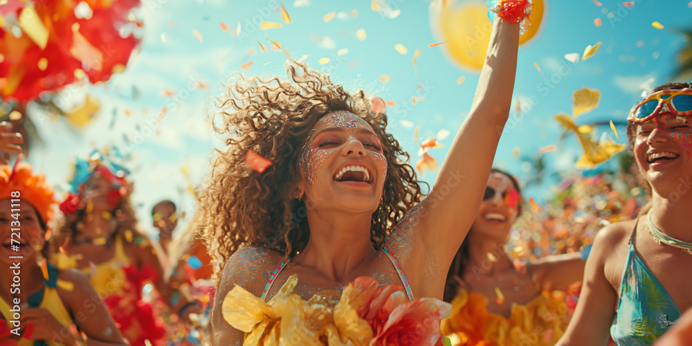 Obraz premium Joyful woman with friends celebrating at a vibrant street festival or carnival, amidst a shower of colorful confetti.