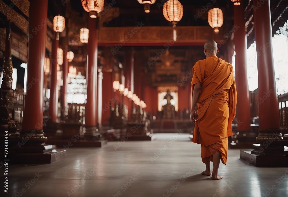 Asian monk in a Buddhist temple Religious concept