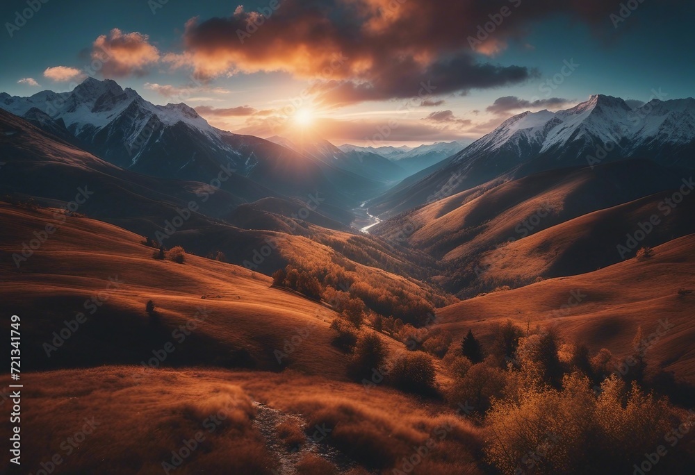 Beautiful sunset in the mountains Landscape with mountain valley colorful and clouds Aerial view