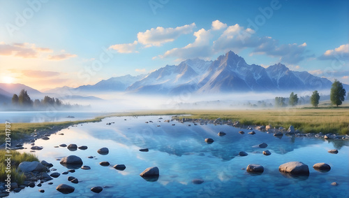 Landscape view of mountains and lakes with the nuance of the weather in the morning, and thin mist covers the mountains
