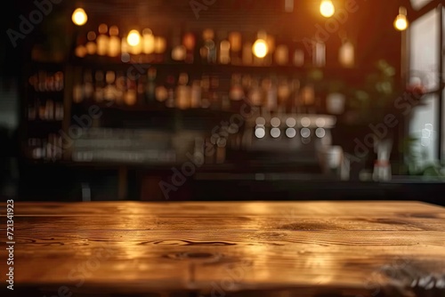 Vintage ambiance in cozy pub wooden table set blurred lights. Elegant bar scene glasses clink and laughter fills night. Heart of city quaint cafe haven for food drink and life celebrations © Wuttichai