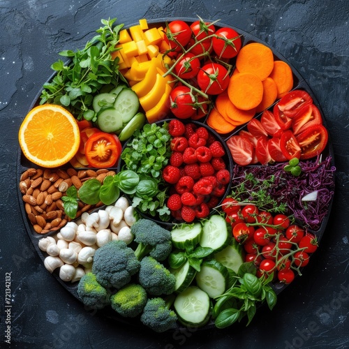 Colorful array of fresh fruits and vegetables viewed from above  showcasing variety and healthful choices.
