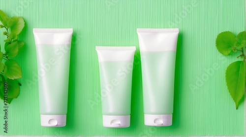 An eco-friendly beauty product line that embodies the essence of nature.  Facial skin care, makeup and skin care cosmetics, decorated with delicate green medicinal leaves.