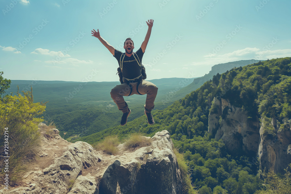 Life style concept with a happy young man withhis  arms up, jumps on the top of a mountain to celebrate a successful hike.