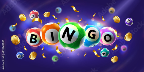 Bingo banner. Floating 3D lotto game balls, lotteries gaming event promotion with golden coins and falling confetti vector illustration