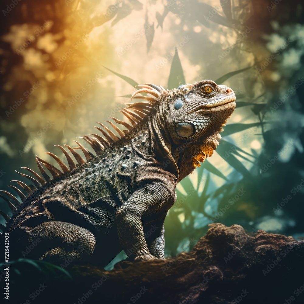 Cool and Beautiful Double Exposure Silhouette Iguana Animal in Natural Habitat