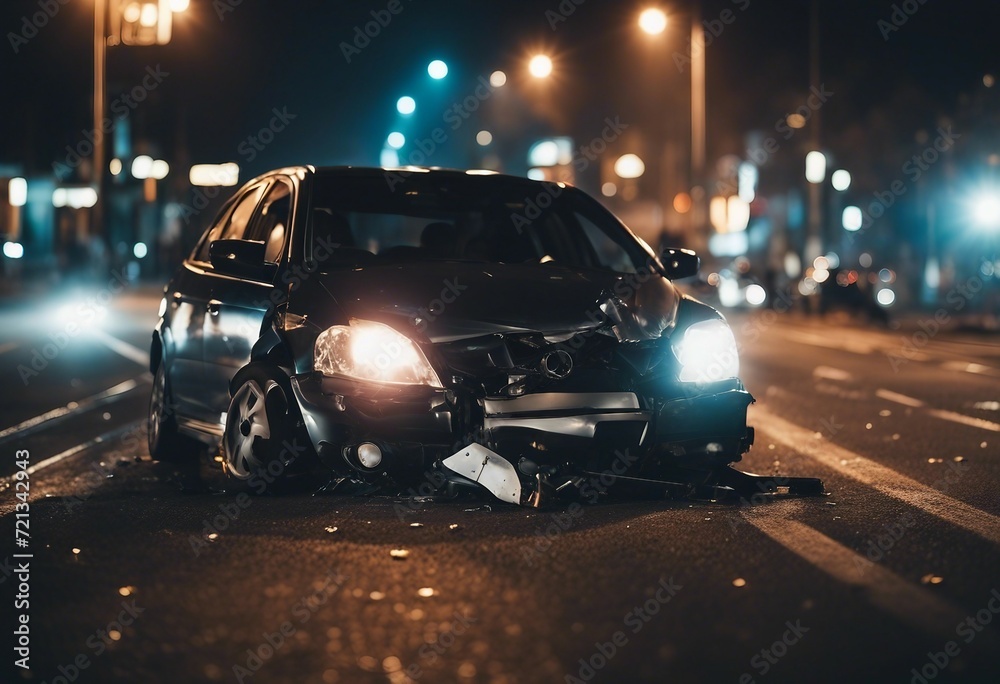 Car crash dangerous accident on the road at night copy space - obrazy, fototapety, plakaty 