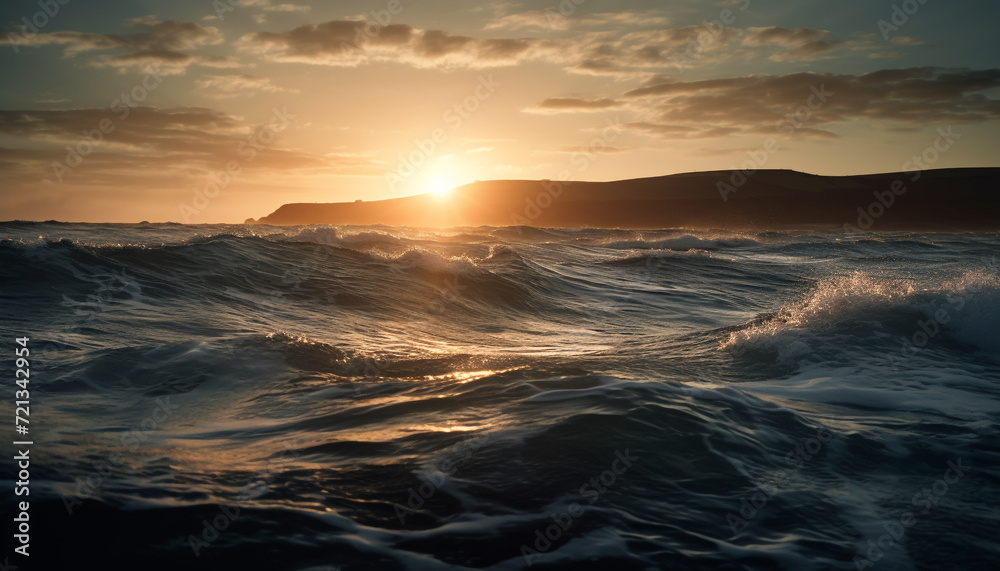 Obraz premium Tranquil sunset, wave breaking, reflecting yellow sunlight on water generated by AI
