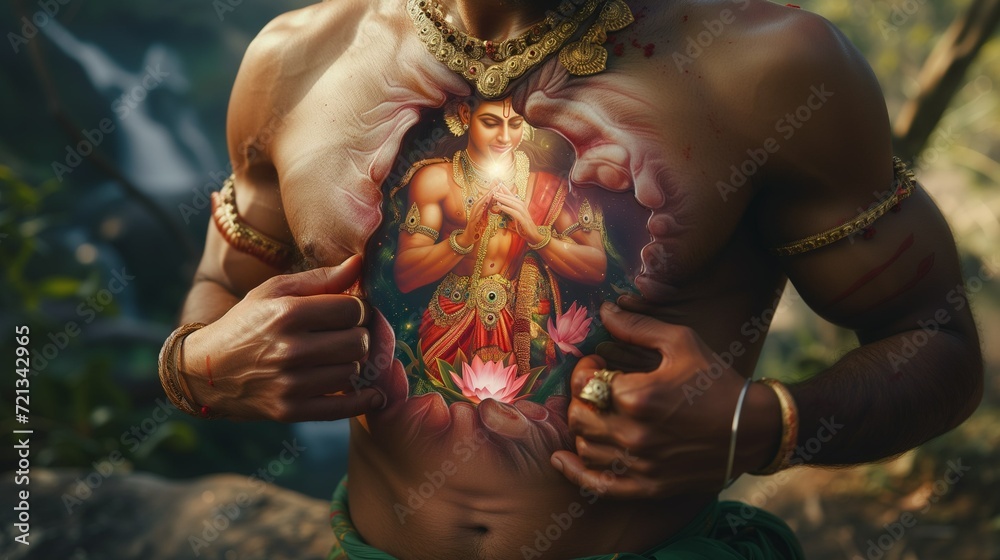 An ape-like deity, the monkey chief Hanuman shows that in his heart there is only Rama, the ancient Indian king of Ayodhya. - obrazy, fototapety, plakaty 