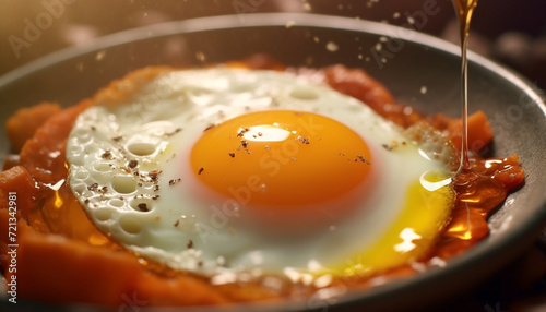 Fresh fried egg on a plate, a healthy summer meal generated by AI