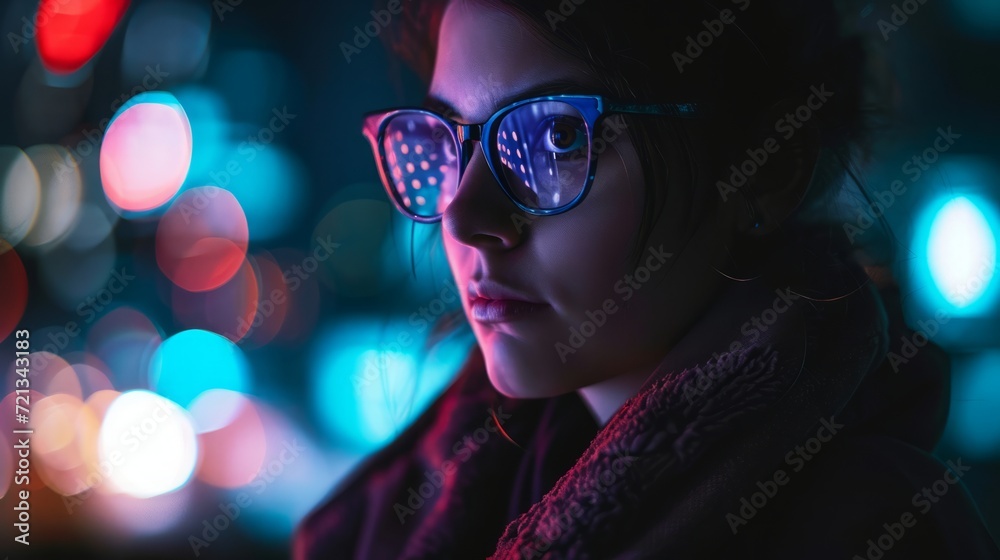 Silhouetted Individual with Obscured Face Amidst Vibrant City Lights at Night