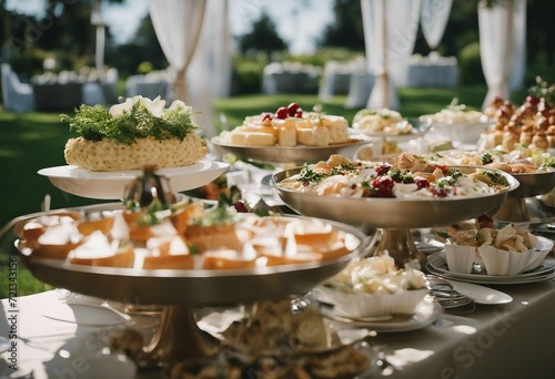 Catering wedding buffet for events Wedding Reception Buffet Food Buffet Table with dishware waiting