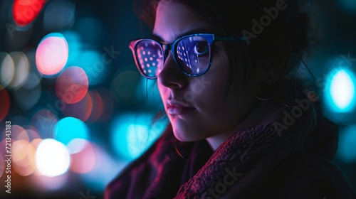 Silhouetted Individual with Obscured Face Amidst Vibrant City Lights at Night
